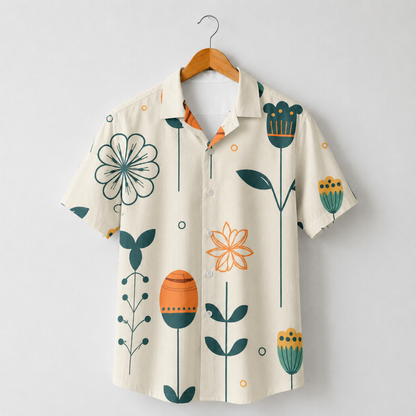 HW-M139-Mid Century Modern Botanical Abstract Floral Hawaiian Shirt For Elevated Summer Resort Vacation Wear