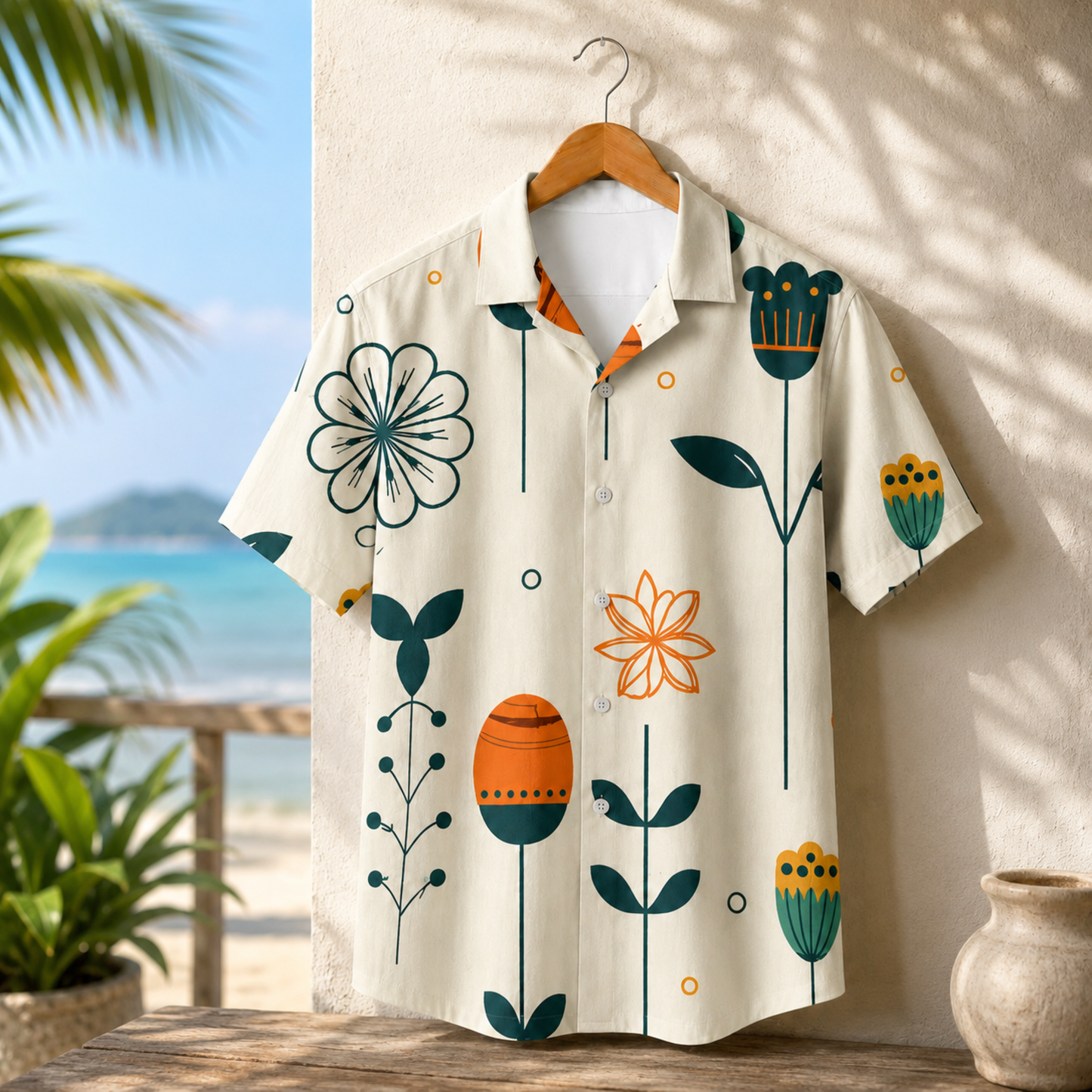 HW-M139-Mid Century Modern Botanical Abstract Floral Hawaiian Shirt For Elevated Summer Resort Vacation Wear