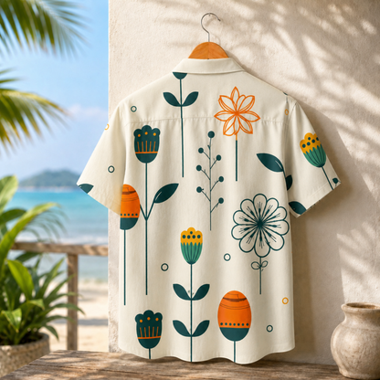 HW-M139-Mid Century Modern Botanical Abstract Floral Hawaiian Shirt For Elevated Summer Resort Vacation Wear