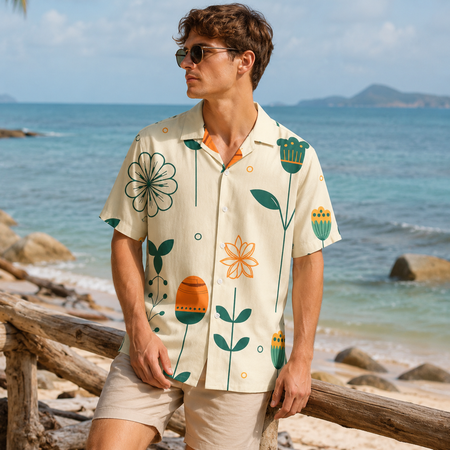 HW-M139-Mid Century Modern Botanical Abstract Floral Hawaiian Shirt For Elevated Summer Resort Vacation Wear