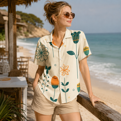 HW-M139-Mid Century Modern Botanical Abstract Floral Hawaiian Shirt For Elevated Summer Resort Vacation Wear