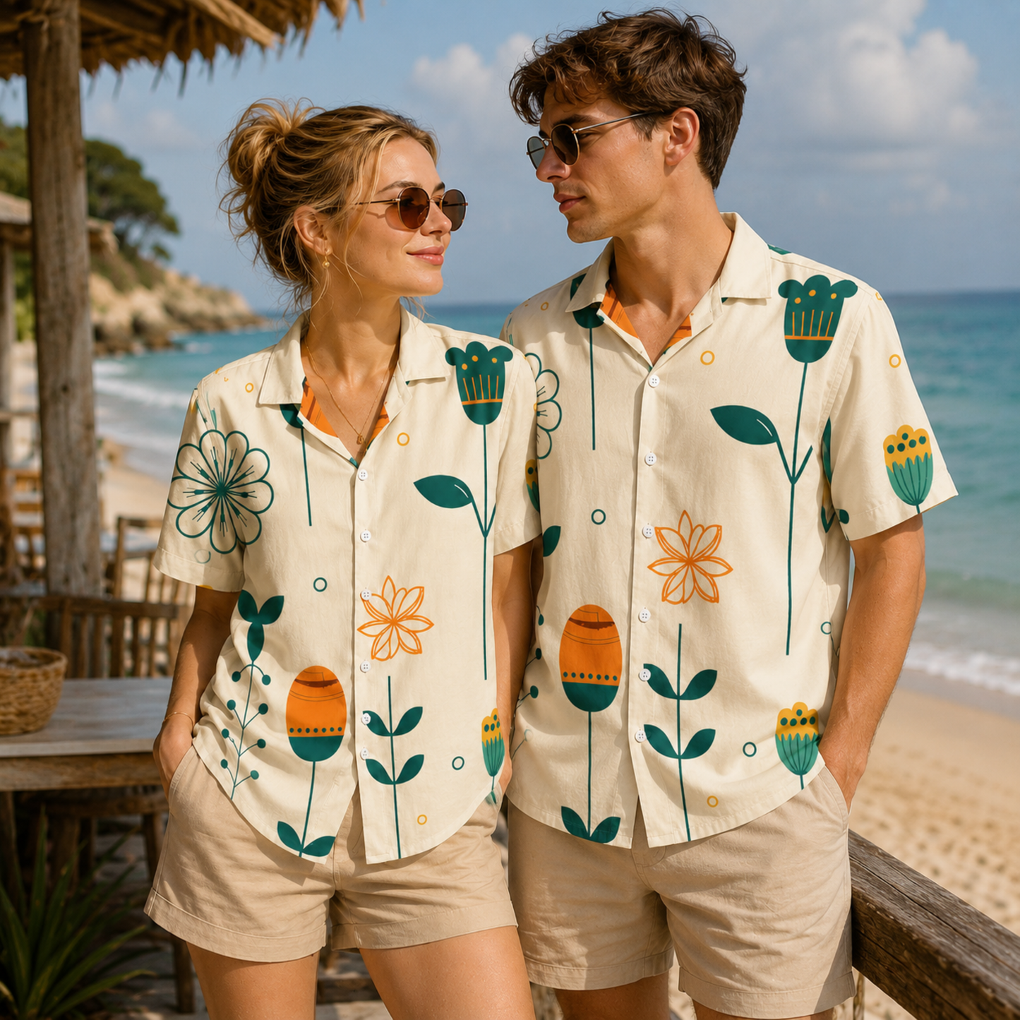 HW-M139-Mid Century Modern Botanical Abstract Floral Hawaiian Shirt For Elevated Summer Resort Vacation Wear