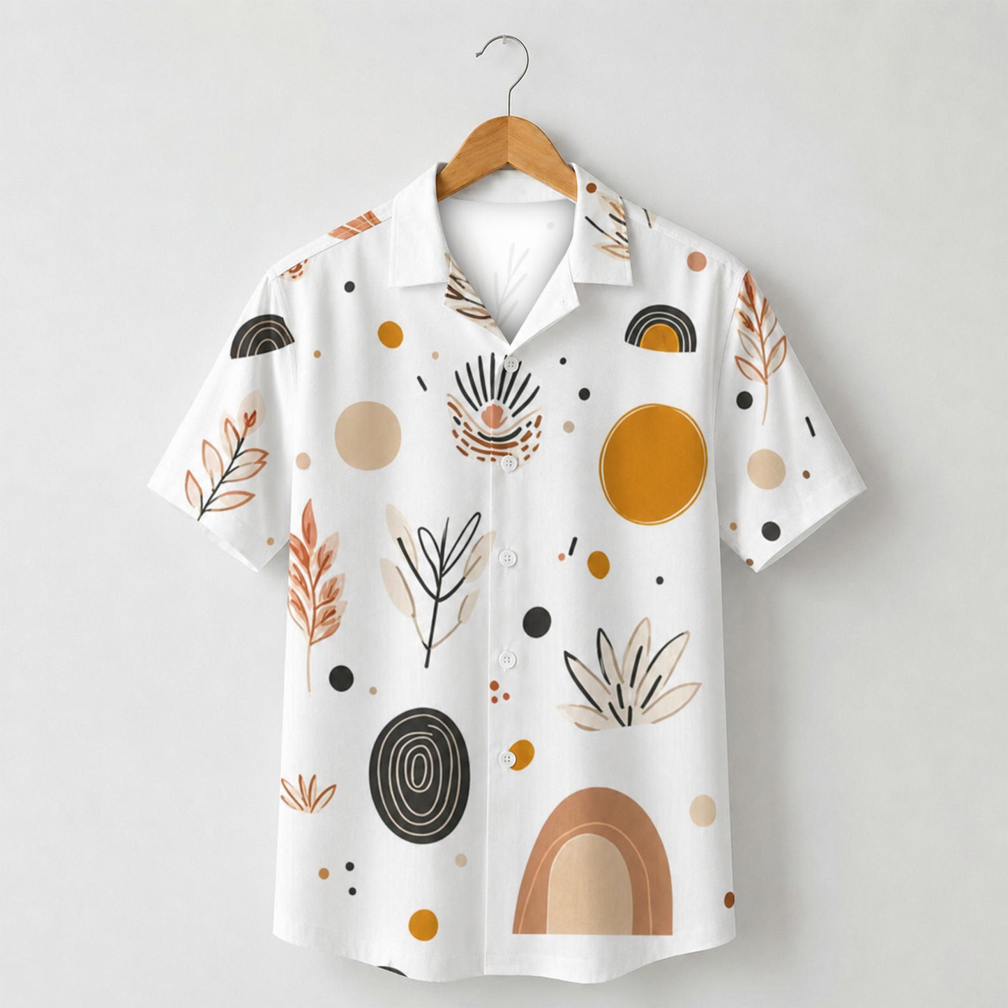 HW-M140-Boho Mid Century Modern Abstract Geometric Print White Hawaiian Shirt Summer Resort Vacation Top