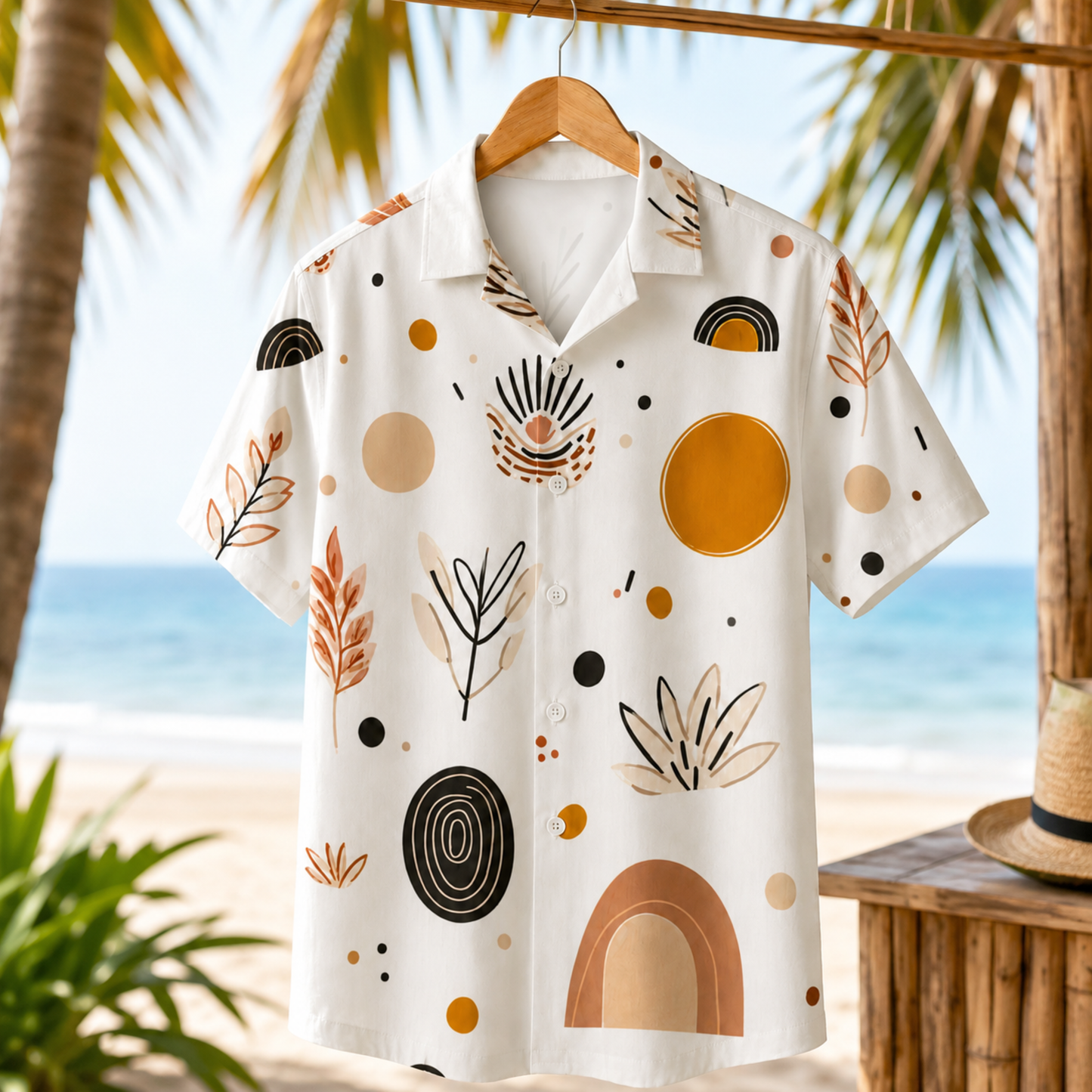 HW-M140-Boho Mid Century Modern Abstract Geometric Print White Hawaiian Shirt Summer Resort Vacation Top