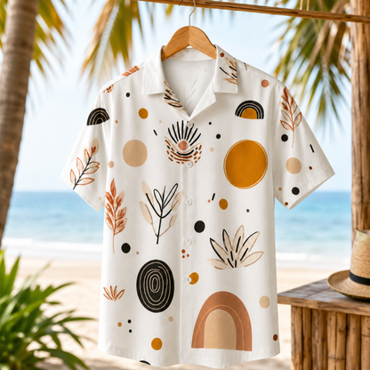 HW-M140-Boho Mid Century Modern Abstract Geometric Print White Hawaiian Shirt Summer Resort Vacation Top