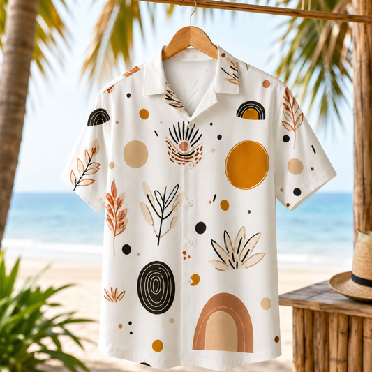 HW-M140-Boho Mid Century Modern Abstract Geometric Print White Hawaiian Shirt Summer Resort Vacation Top
