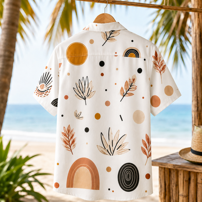HW-M140-Boho Mid Century Modern Abstract Geometric Print White Hawaiian Shirt Summer Resort Vacation Top