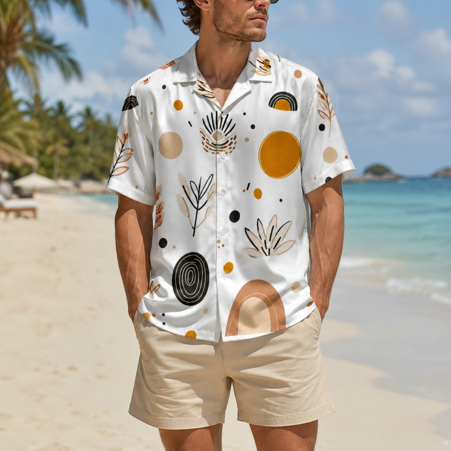 HW-M140-Boho Mid Century Modern Abstract Geometric Print White Hawaiian Shirt Summer Resort Vacation Top