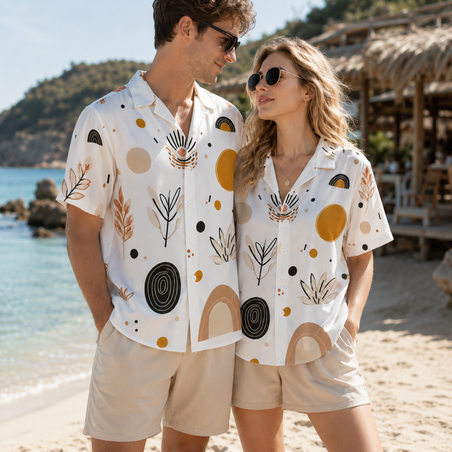 HW-M140-Boho Mid Century Modern Abstract Geometric Print White Hawaiian Shirt Summer Resort Vacation Top