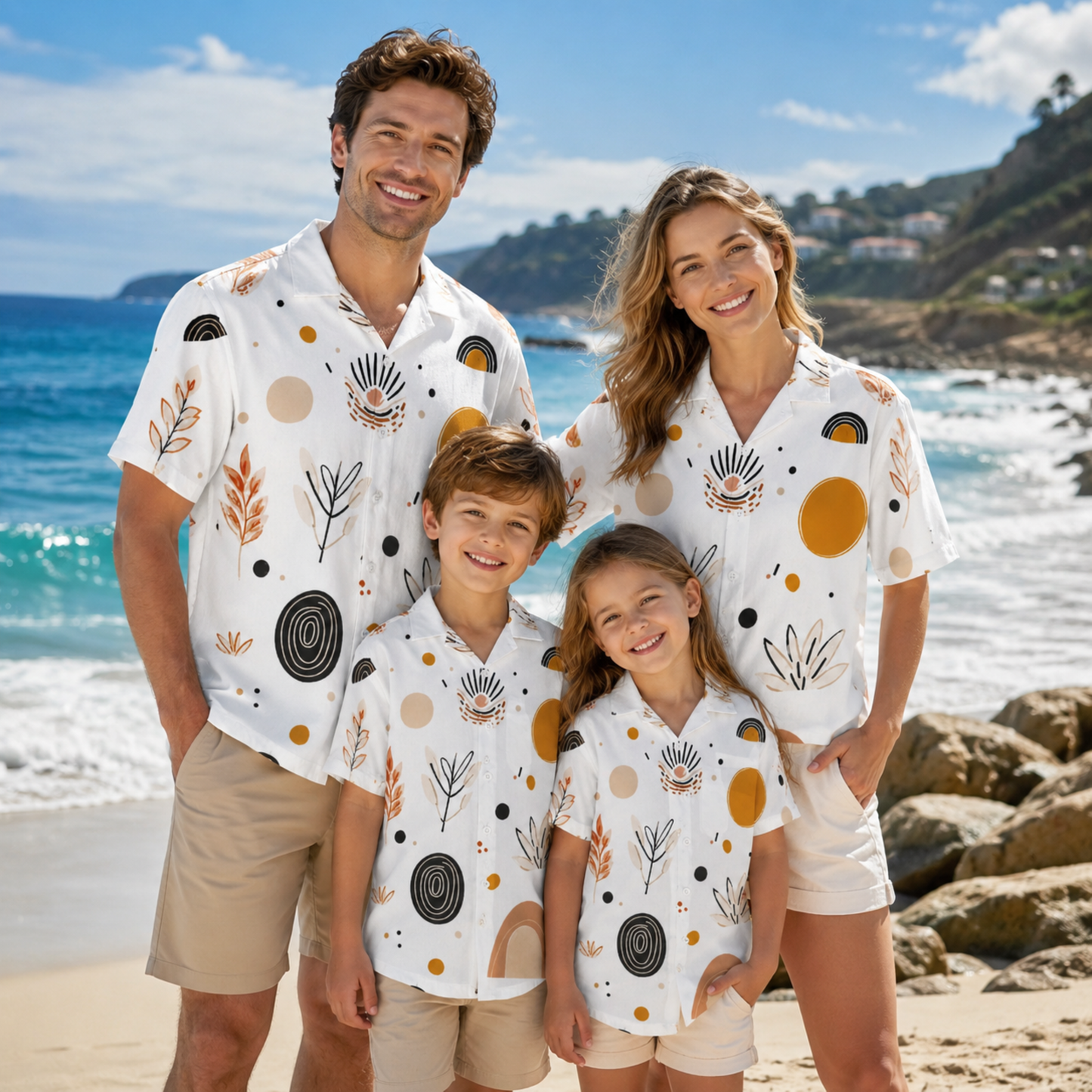 HW-M140-Boho Mid Century Modern Abstract Geometric Print White Hawaiian Shirt Summer Resort Vacation Top