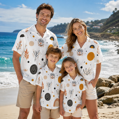 HW-M140-Boho Mid Century Modern Abstract Geometric Print White Hawaiian Shirt Summer Resort Vacation Top