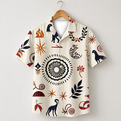 HW-M141-Cream Folk Art Botanical Mandala And Abstract Bird Hawaiian Shirt For Summer Resort Getaways