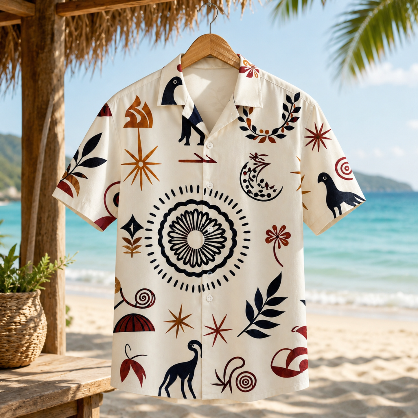 HW-M141-Cream Folk Art Botanical Mandala And Abstract Bird Hawaiian Shirt For Summer Resort Getaways
