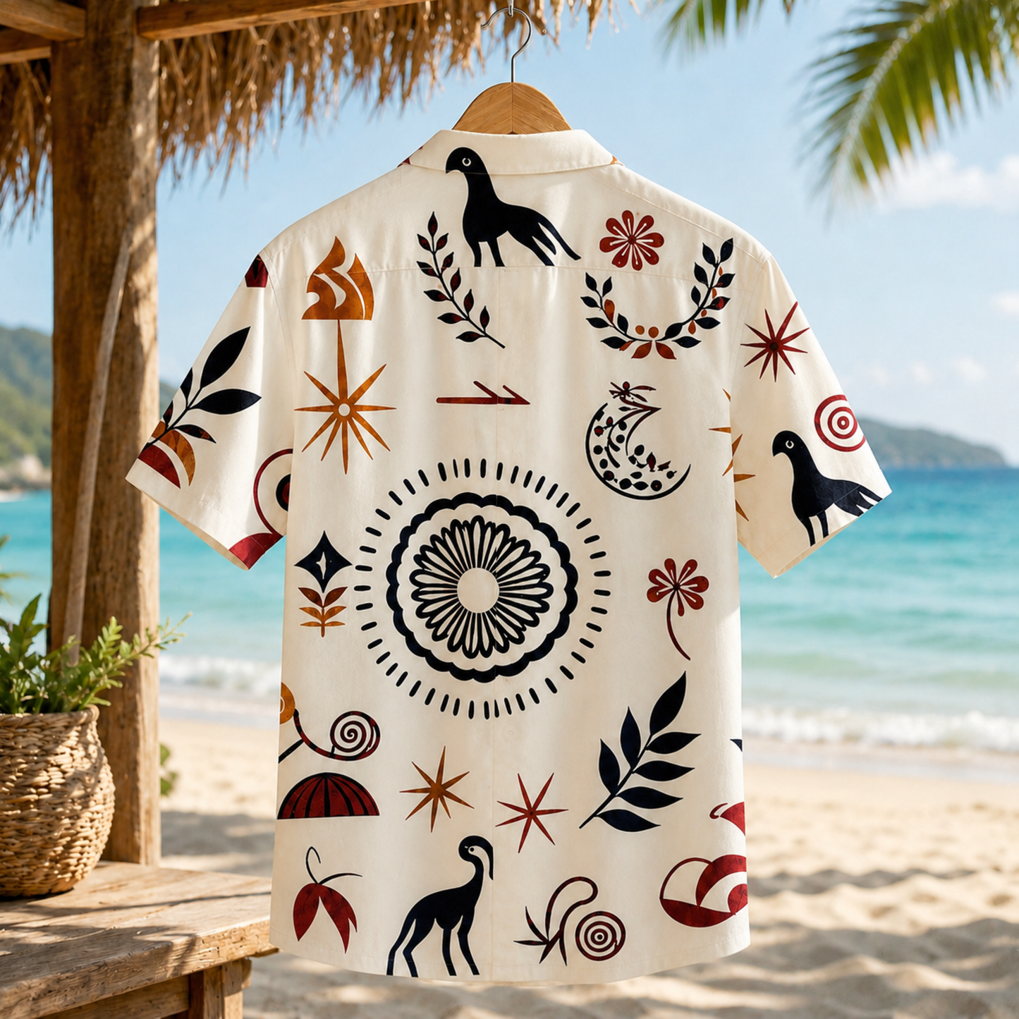 HW-M141-Cream Folk Art Botanical Mandala And Abstract Bird Hawaiian Shirt For Summer Resort Getaways