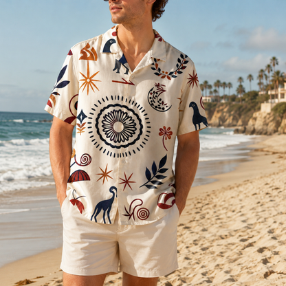 HW-M141-Cream Folk Art Botanical Mandala And Abstract Bird Hawaiian Shirt For Summer Resort Getaways