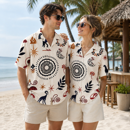 HW-M141-Cream Folk Art Botanical Mandala And Abstract Bird Hawaiian Shirt For Summer Resort Getaways