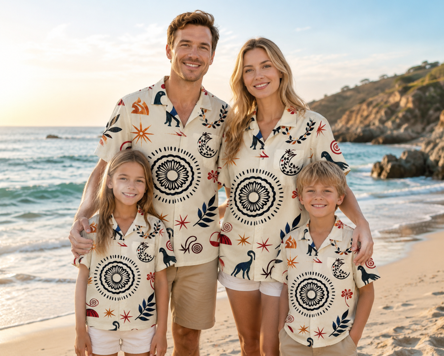 HW-M141-Cream Folk Art Botanical Mandala And Abstract Bird Hawaiian Shirt For Summer Resort Getaways