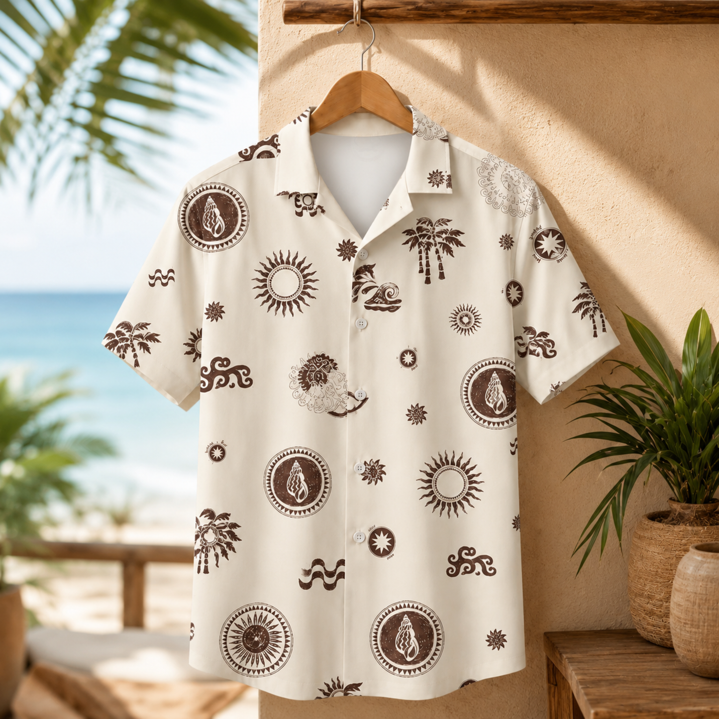 HW-M144-Alabaster Lightweight Ocean Vacation Shirt, Sweet Wave Printed Short Sleeve Casual Apparel Attire