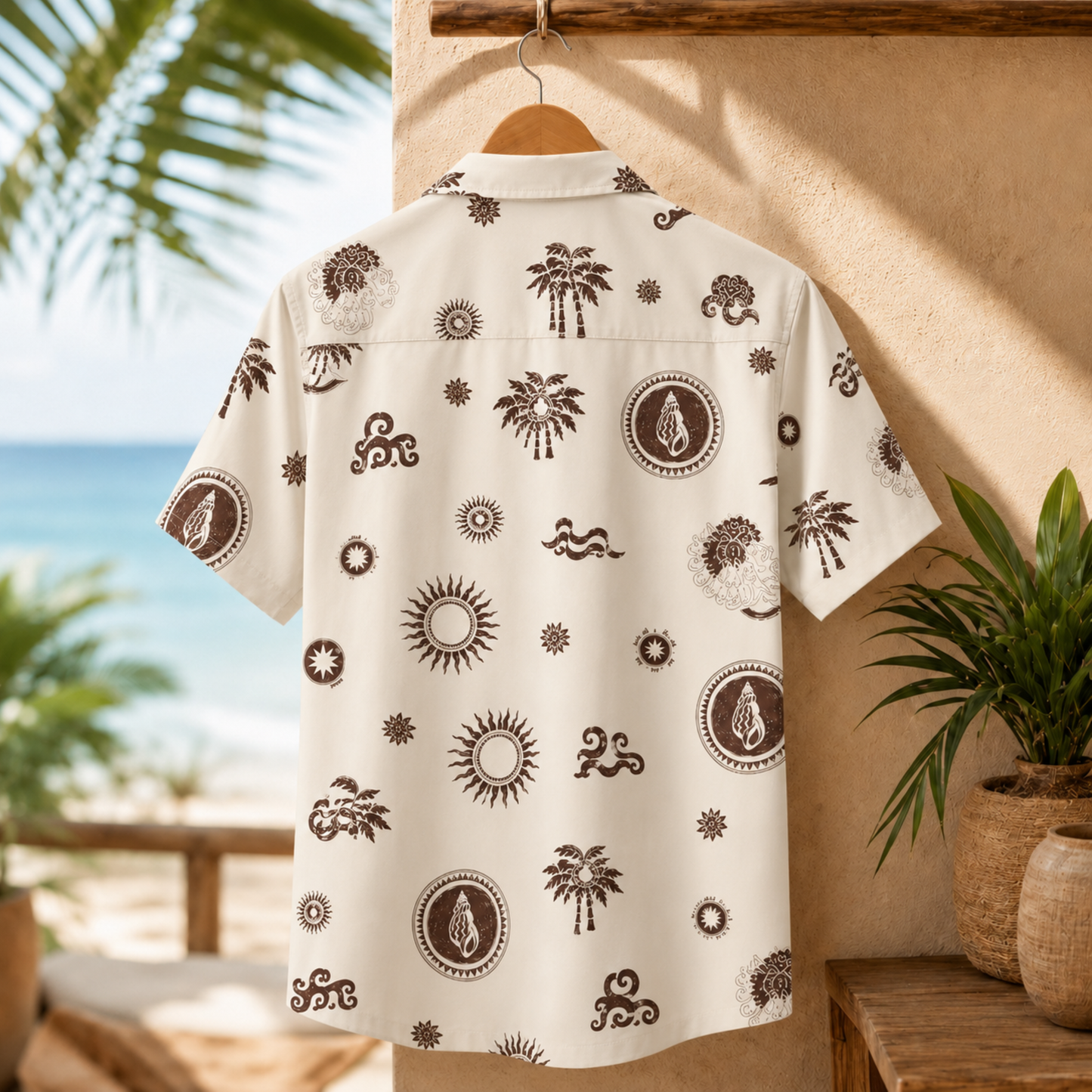 HW-M144-Alabaster Lightweight Ocean Vacation Shirt, Sweet Wave Printed Short Sleeve Casual Apparel Attire