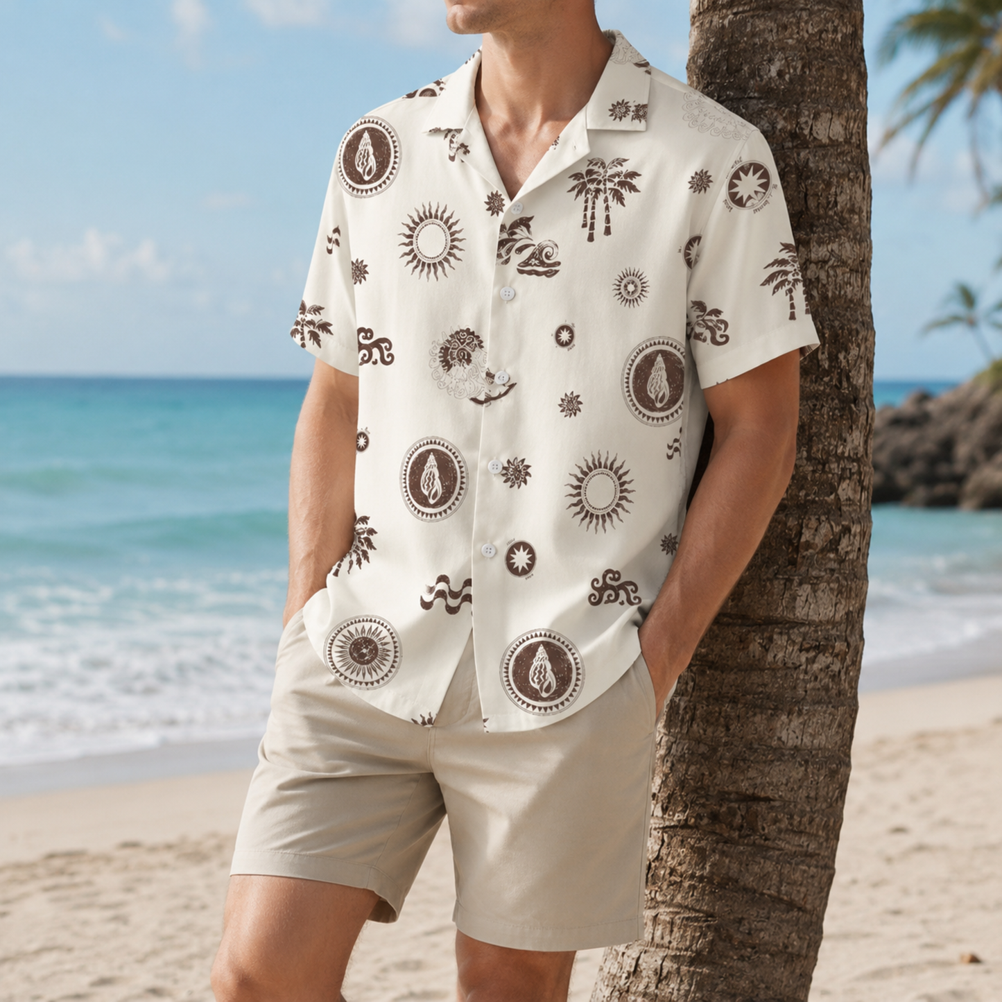 HW-M144-Alabaster Lightweight Ocean Vacation Shirt, Sweet Wave Printed Short Sleeve Casual Apparel Attire