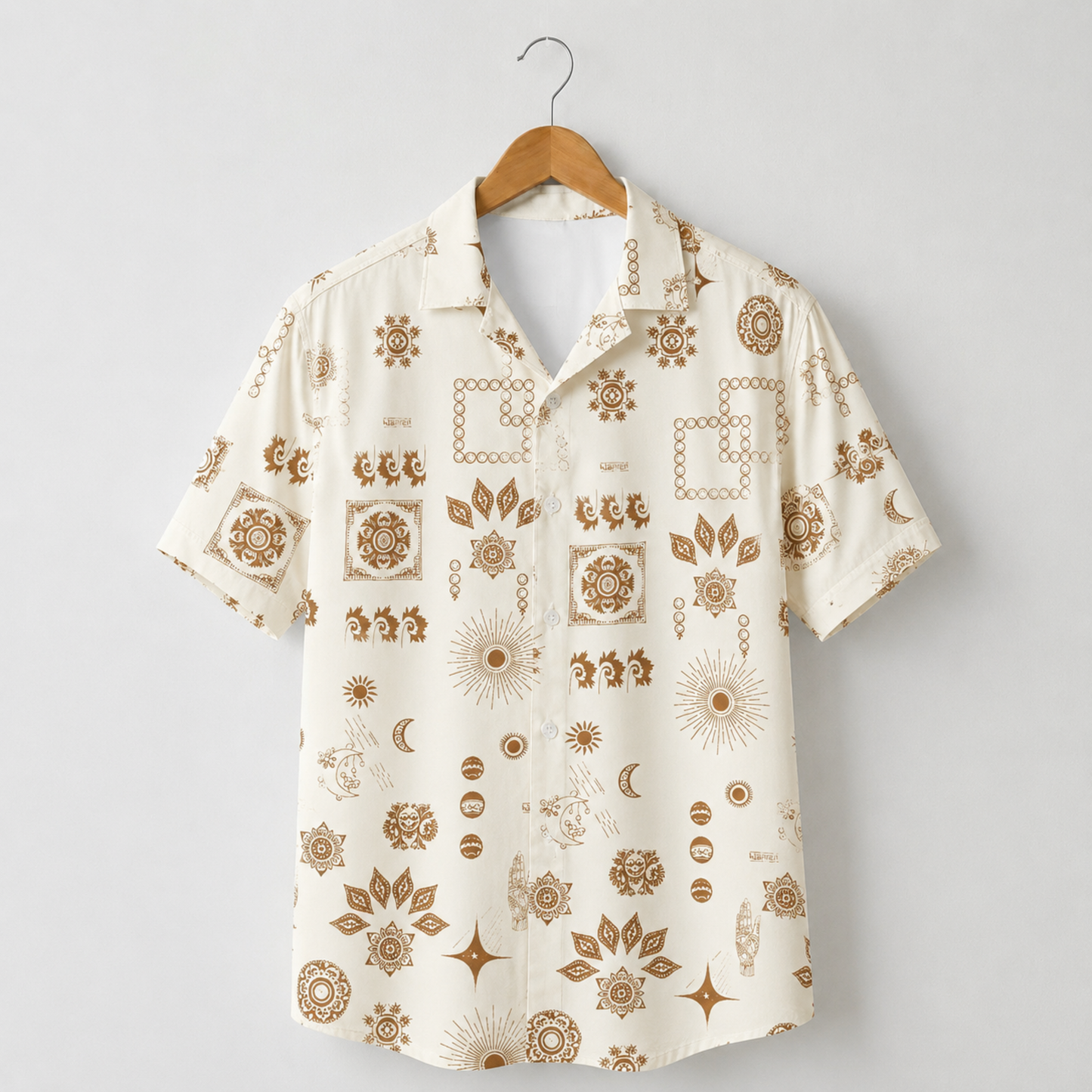 HW-M145-Earthy Terracotta Celestial Boho Print Cream Hawaiian Shirt Summer Resort Vacation Button Down Top