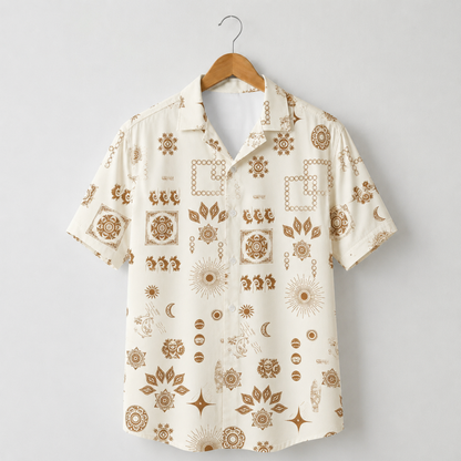 HW-M145-Earthy Terracotta Celestial Boho Print Cream Hawaiian Shirt Summer Resort Vacation Button Down Top