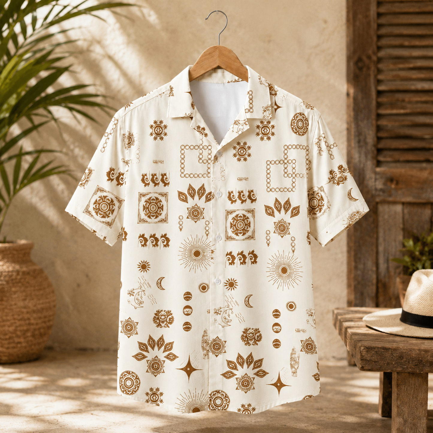 HW-M145-Earthy Terracotta Celestial Boho Print Cream Hawaiian Shirt Summer Resort Vacation Button Down Top