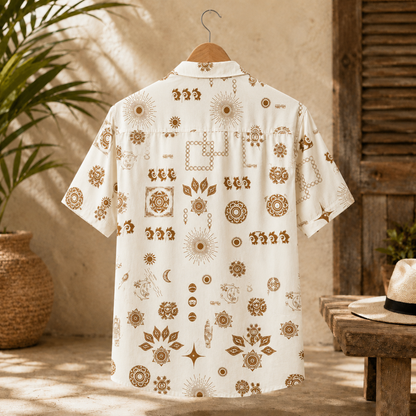 HW-M145-Earthy Terracotta Celestial Boho Print Cream Hawaiian Shirt Summer Resort Vacation Button Down Top