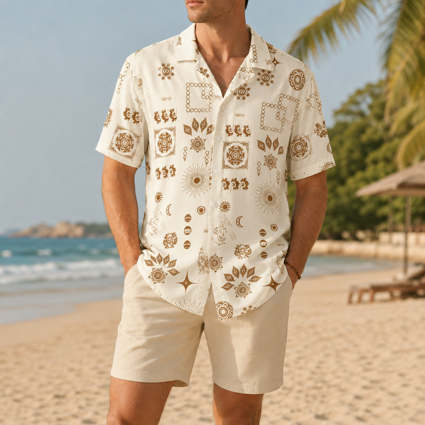 HW-M145-Earthy Terracotta Celestial Boho Print Cream Hawaiian Shirt Summer Resort Vacation Button Down Top