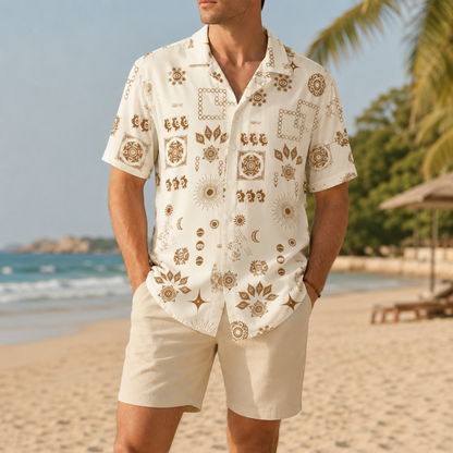 HW-M145-Earthy Terracotta Celestial Boho Print Cream Hawaiian Shirt Summer Resort Vacation Button Down Top