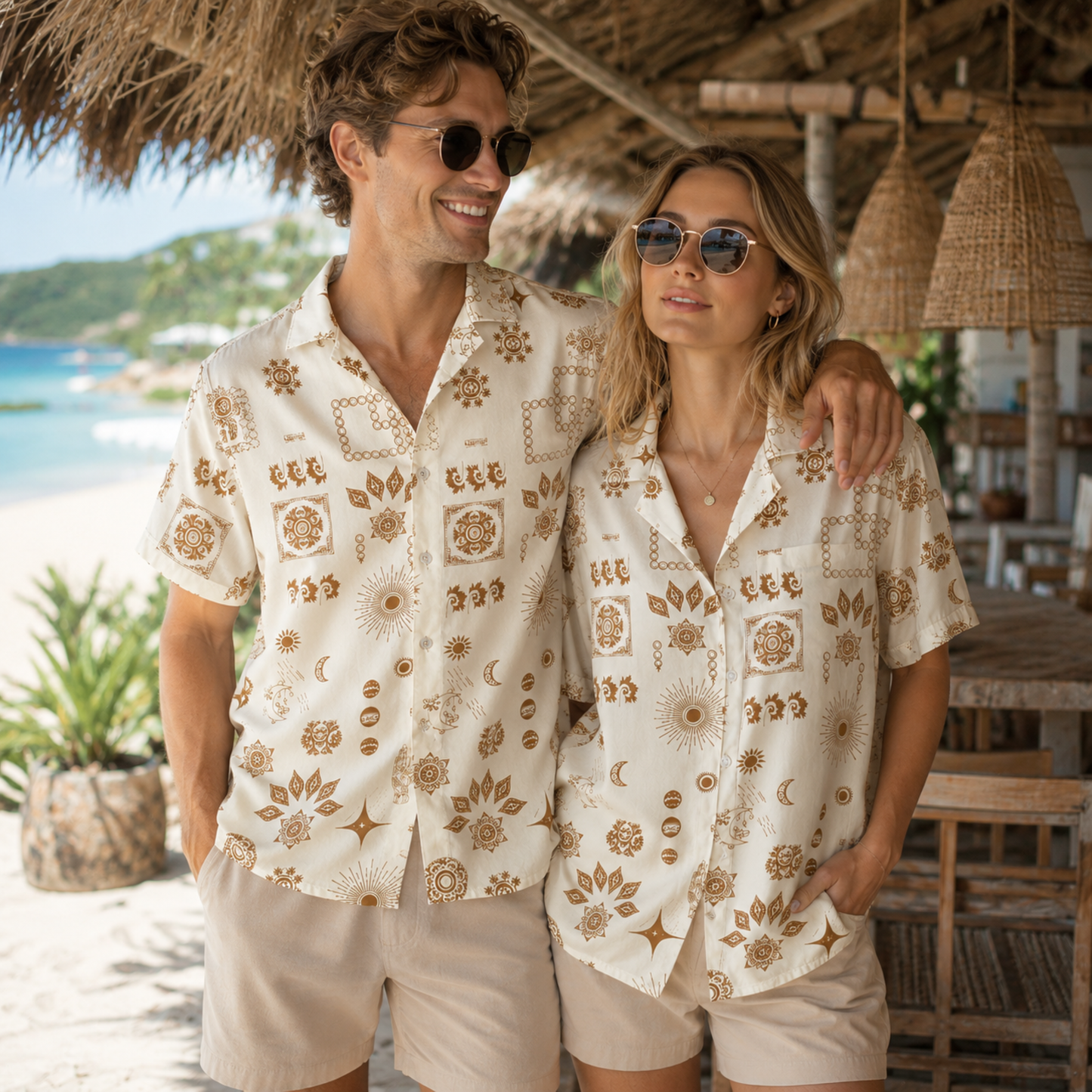 HW-M145-Earthy Terracotta Celestial Boho Print Cream Hawaiian Shirt Summer Resort Vacation Button Down Top