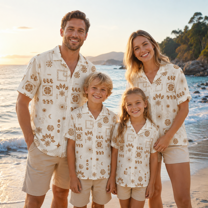 HW-M145-Earthy Terracotta Celestial Boho Print Cream Hawaiian Shirt Summer Resort Vacation Button Down Top