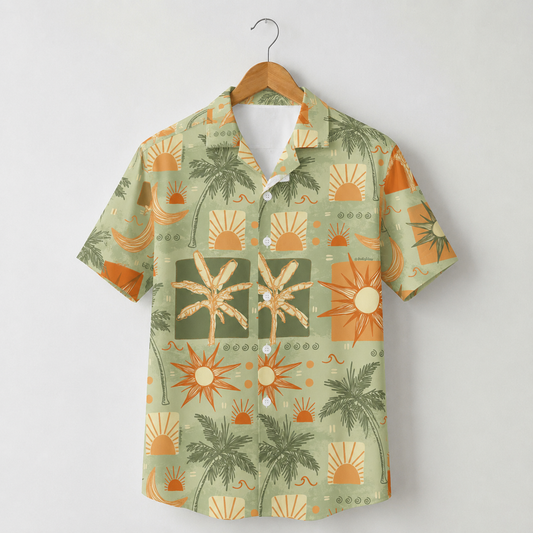 HW-M146-Sage Green Retro Sun Palm Tree Print Hawaiian Shirt Summer Vacation Resort Button Down Top