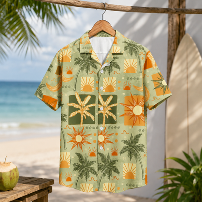 HW-M146-Sage Green Retro Sun Palm Tree Print Hawaiian Shirt Summer Vacation Resort Button Down Top