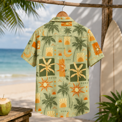 HW-M146-Sage Green Retro Sun Palm Tree Print Hawaiian Shirt Summer Vacation Resort Button Down Top