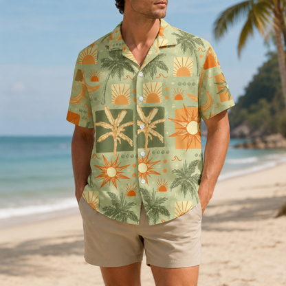 HW-M146-Sage Green Retro Sun Palm Tree Print Hawaiian Shirt Summer Vacation Resort Button Down Top