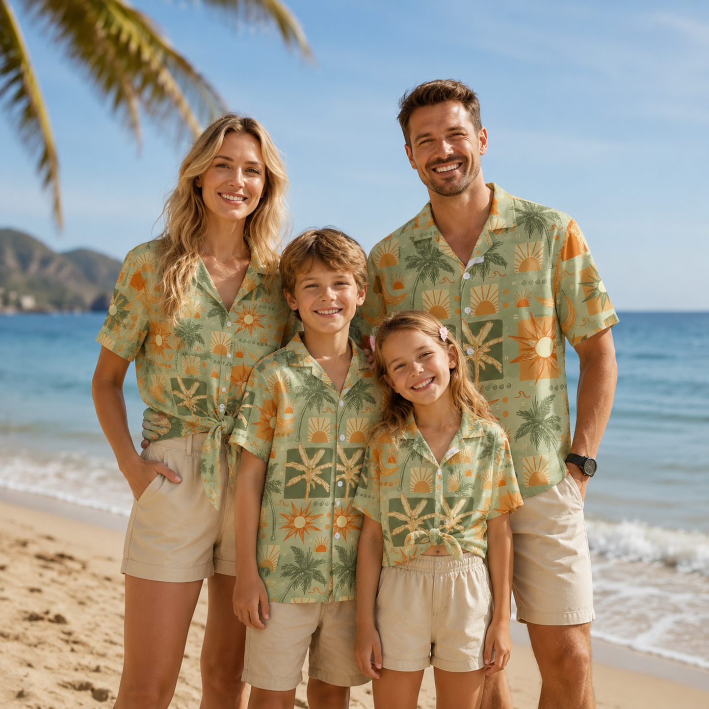 HW-M146-Sage Green Retro Sun Palm Tree Print Hawaiian Shirt Summer Vacation Resort Button Down Top
