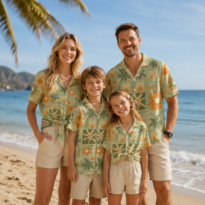 HW-M146-Sage Green Retro Sun Palm Tree Print Hawaiian Shirt Summer Vacation Resort Button Down Top