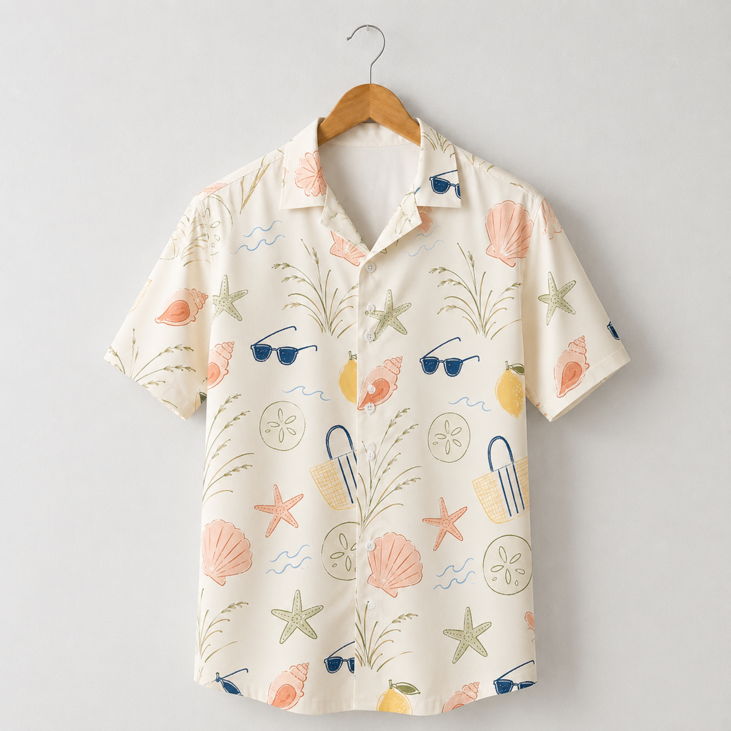 HW-M147-Beach Inspired Cream Hawaiian Shirt With Seashell Starfish Sunglasses Pattern For Summer Vacation Wear