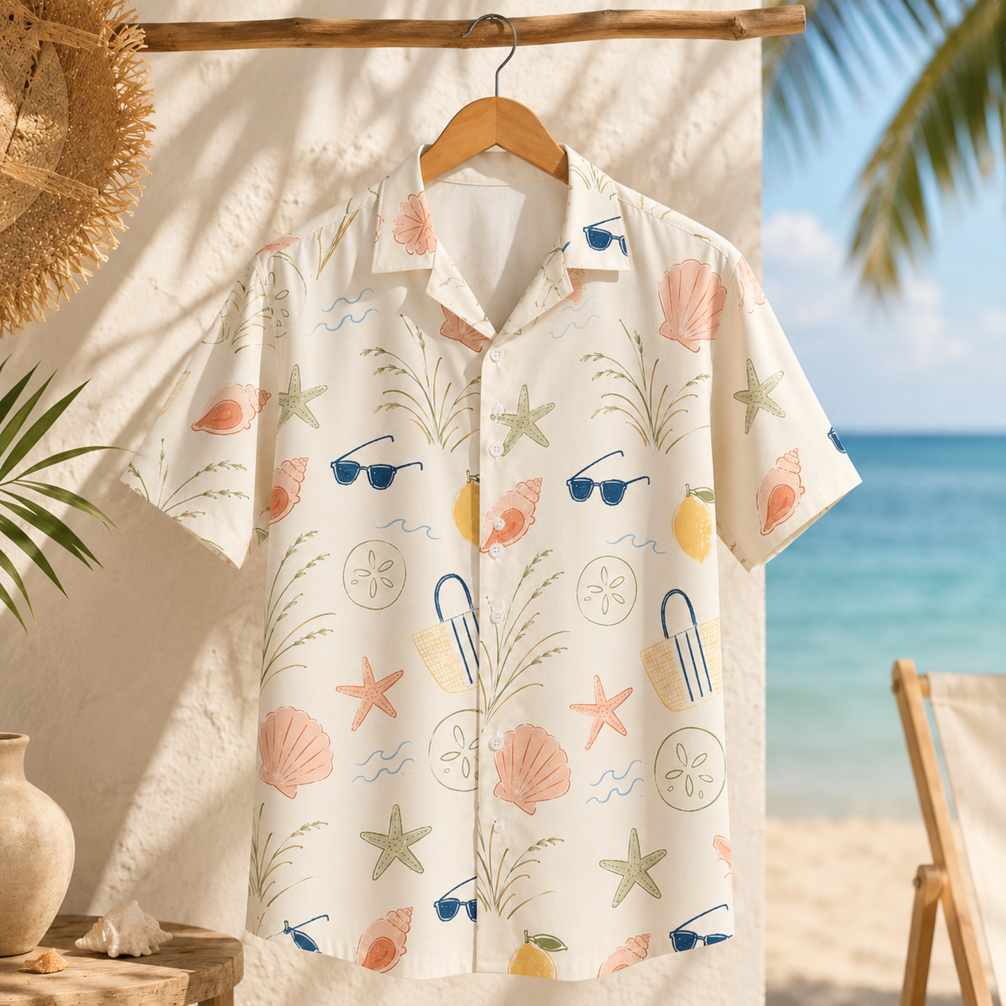 HW-M147-Beach Inspired Cream Hawaiian Shirt With Seashell Starfish Sunglasses Pattern For Summer Vacation Wear
