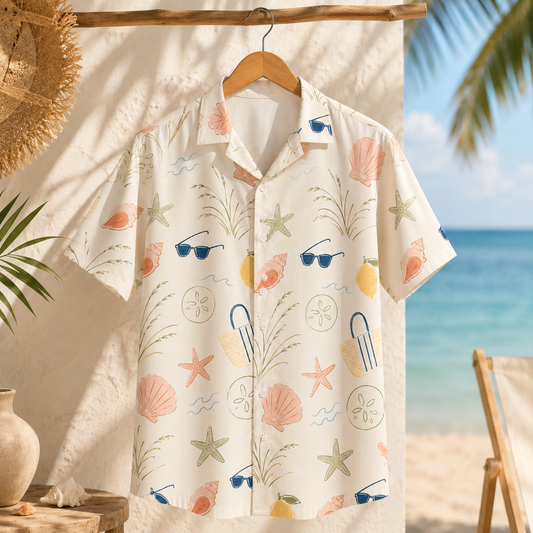 HW-M147-Beach Inspired Cream Hawaiian Shirt With Seashell Starfish Sunglasses Pattern For Summer Vacation Wear