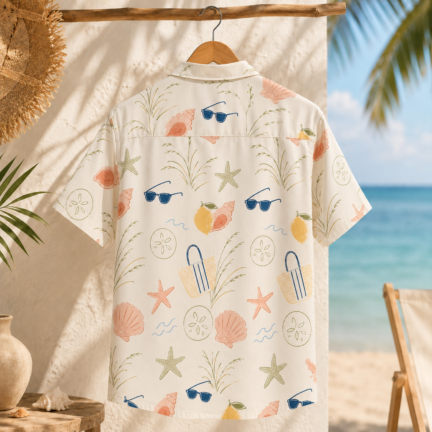 HW-M147-Beach Inspired Cream Hawaiian Shirt With Seashell Starfish Sunglasses Pattern For Summer Vacation Wear