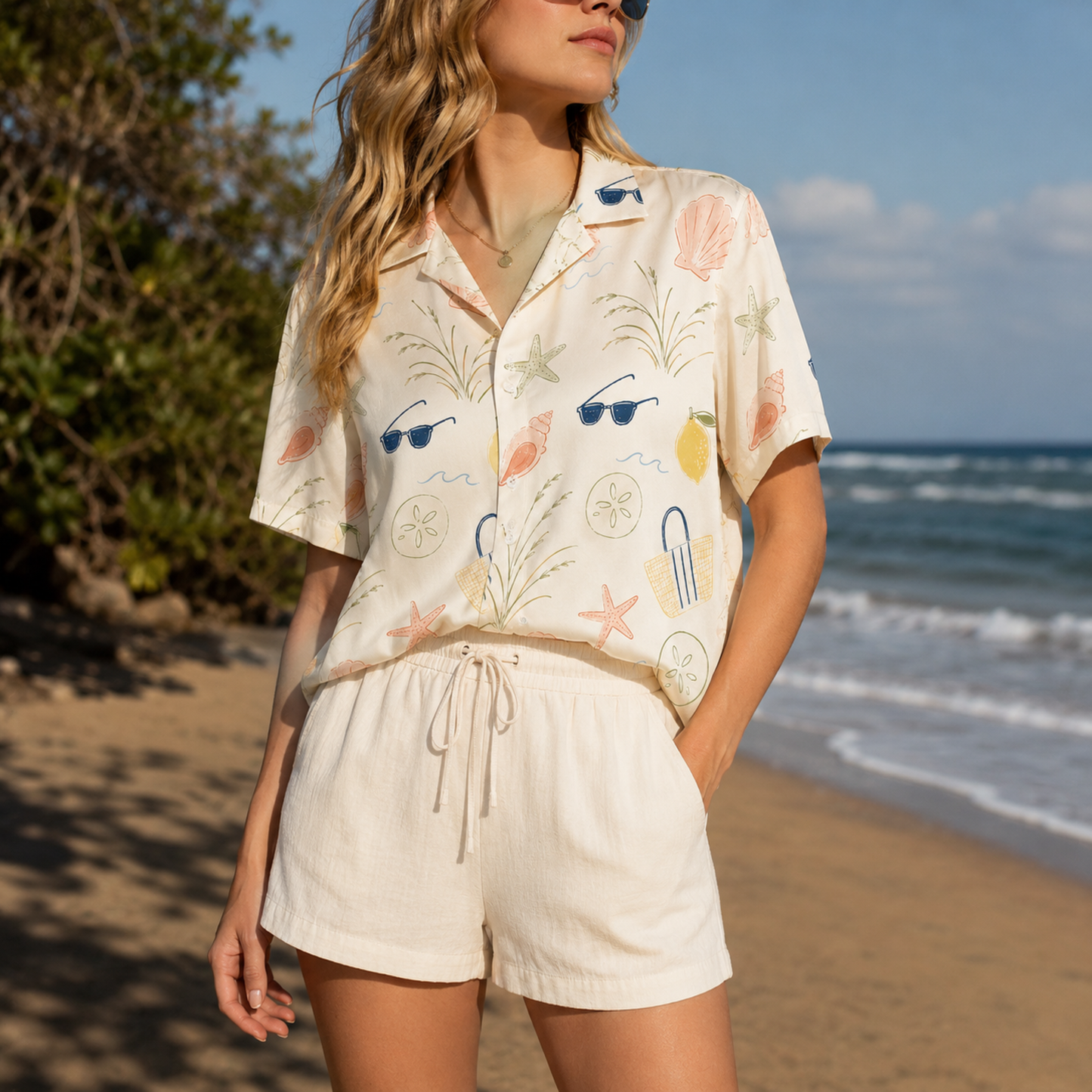 HW-M147-Beach Inspired Cream Hawaiian Shirt With Seashell Starfish Sunglasses Pattern For Summer Vacation Wear