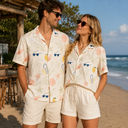 HW-M147-Beach Inspired Cream Hawaiian Shirt With Seashell Starfish Sunglasses Pattern For Summer Vacation Wear