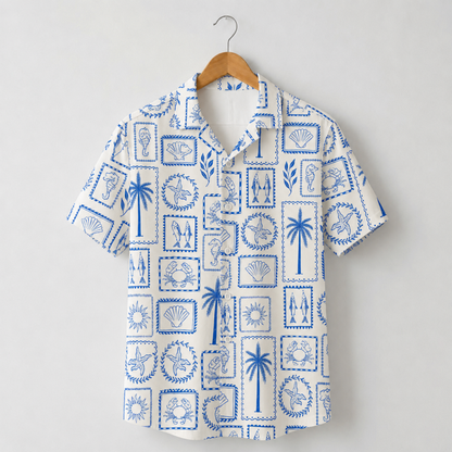 HW-M148-Mediterranean Blue Tile Hawaiian Shirt Coastal Stamp Print Beachwear Top