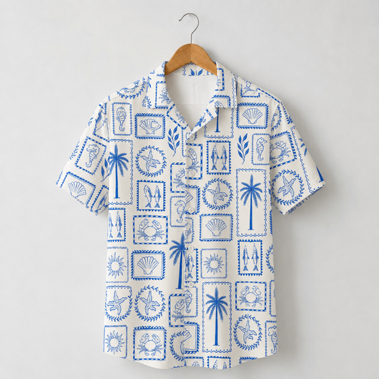 HW-M148-Mediterranean Blue Tile Hawaiian Shirt Coastal Stamp Print Beachwear Top