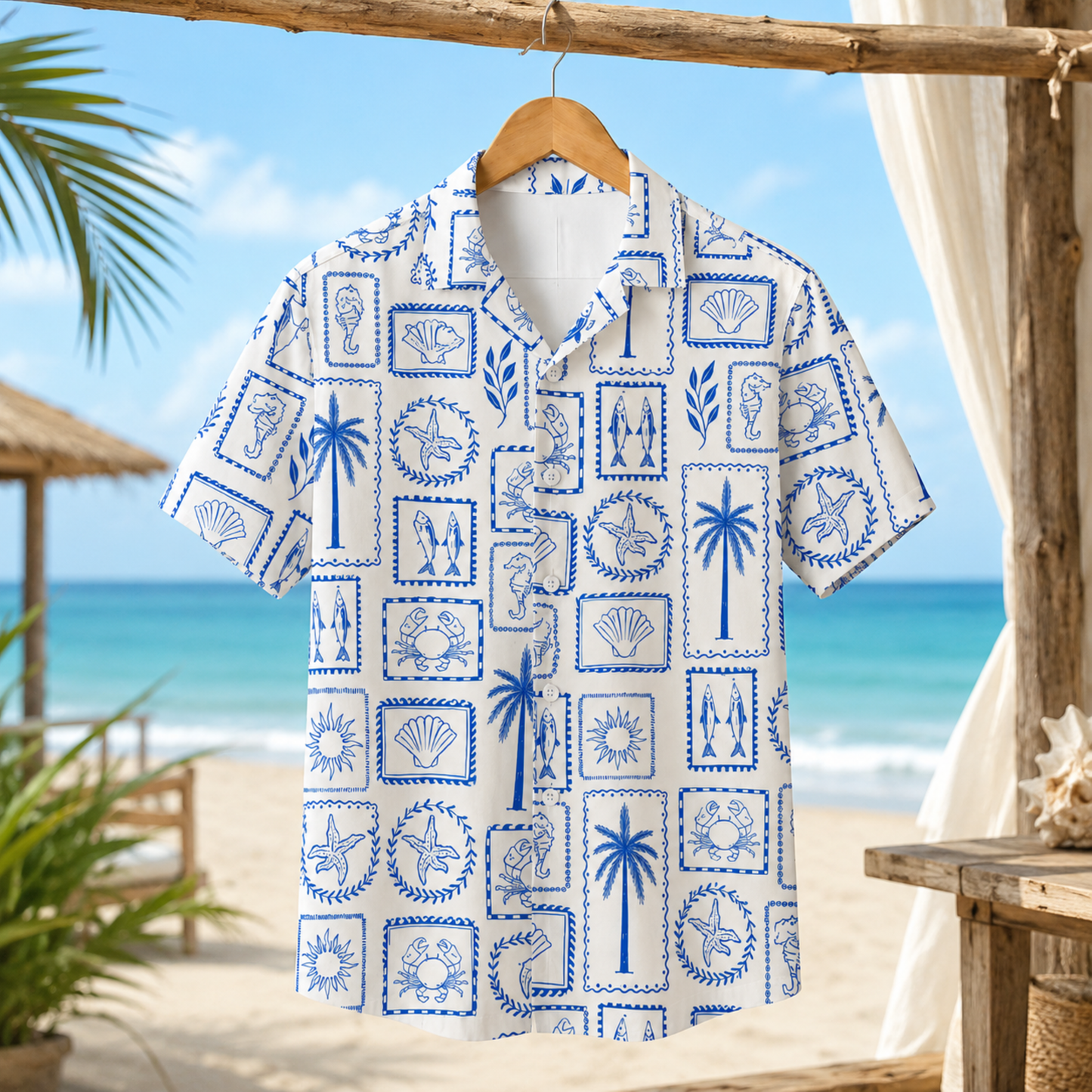 HW-M148-Mediterranean Blue Tile Hawaiian Shirt Coastal Stamp Print Beachwear Top