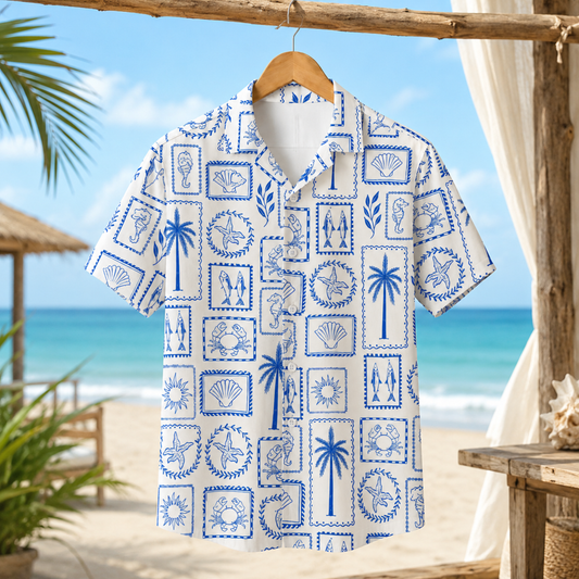 HW-M148-Mediterranean Blue Tile Hawaiian Shirt Coastal Stamp Print Beachwear Top