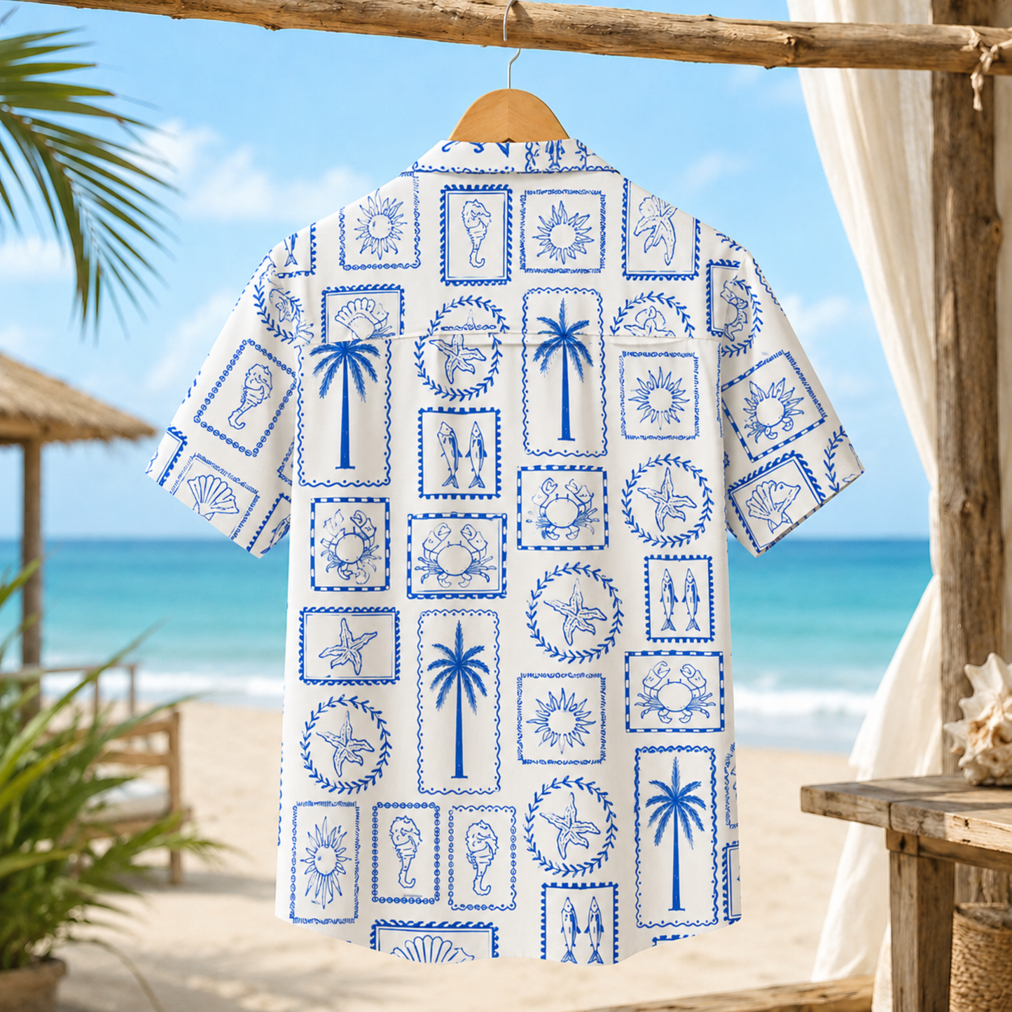 HW-M148-Mediterranean Blue Tile Hawaiian Shirt Coastal Stamp Print Beachwear Top