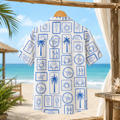 HW-M148-Mediterranean Blue Tile Hawaiian Shirt Coastal Stamp Print Beachwear Top